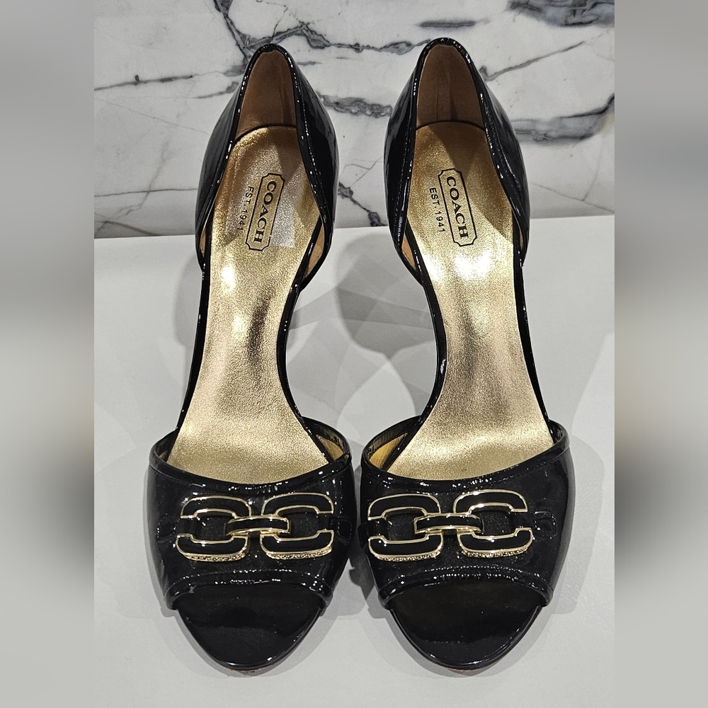 Authentic Coach Black and Gold Belinda Open Toe Heels Pumps  US 7.5B